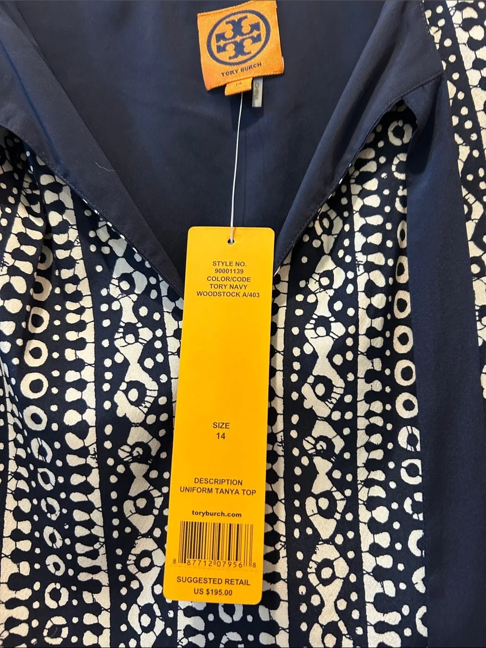 Tory Burch Navy and White Printed Sleeveless Blouse with Geometric Pattern
